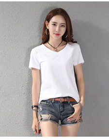 春夏2019新款白色V领短袖T恤 潮流女装新风尚